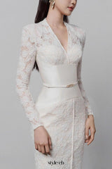 kimberley white v-neck lace patchwork midi dress