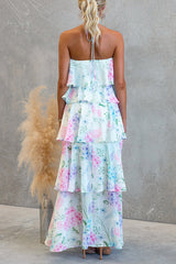 Floral Ruffle Halter Neck Midi Dress - blue