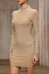 Khaki Tassel Rhinestone Mesh Pearl Hip-Wrap mini Dress