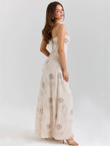 Vintage embroidered hollow slip maxi dress - white