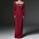purple square neck long sleeve nail bead diamond maxi dress