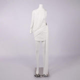 off-shoulder single-sleeve pleated bodycon Ribbon mini dress - white