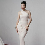 Janice Asymmetrical off-shoulder ruffled fishtail maxi dress - white