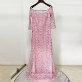 pink one-line neck nail bead sequin mesh long dress