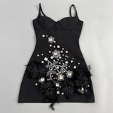 hedy Rhinestone Feather Bandage Strappy mini Dress - black