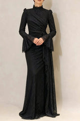 victoria Long lantern sleevelace-trim maxi dress - black