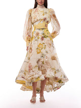 mary yellow print High-neck puff-sleeved top & full-skirted midi skirt