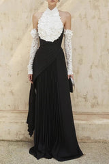 jenny Halter-neck 3d flower embroidery backless maxi dress - black