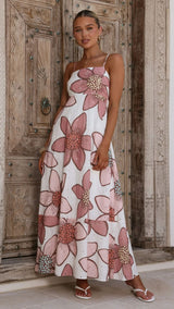 penelope Botanic Pink Print Eyelet Maxi Dress