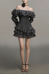 molly off-shoulder ruffle trim layer mini dress - black