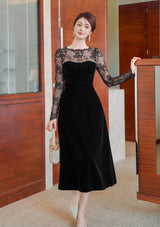 tiffany lace hollow sleeve rhinestone velvet maxi dress in black