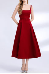 amelia square neck Satin Slip midi Dress - red