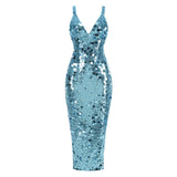 carlin Sequin Deep V Strapless Maxi Dress in blue