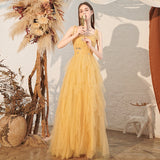 victoria rhinestone embellished tulle maxi dress - yellow