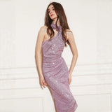 bonnie 3d flower embellished sequin halter midi dress - purple
