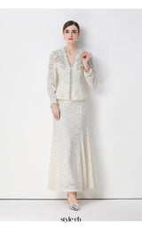 georgia Beaded V-neck lace top & fishtail skirt set - whtie