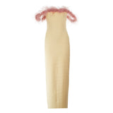 yellow midi bandage dress with off-shoulder feather embellishments
