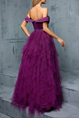 yedda spliced ruffle tulle strapless maxi dress - purple
