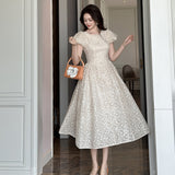 pearl neck Puff sleeve flared lace maxi dress - apricot