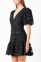black sequin lace fitted flared mini dress