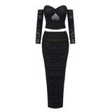 Black mesh rhinestone pleated strapless top maxi skirt two-piece set