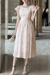 pearl neck Puff sleeve flared lace midi dress - pink