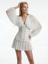 trista white V-neck mesh pleated cinched waist with belt