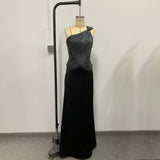 black One-shoulder silver thread top satin maxi skirt two-piece set