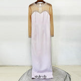 pink mesh splicing bead  long dress with diamonds