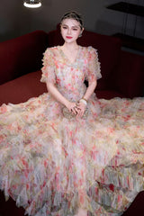jodie v neck multicolor ruffle trim tulle maxi dress