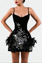 hedy Rhinestone Feather Bandage Strappy mini Dress - black