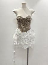 kelly sequin 3d flower patchwork mini dress - champagne & white