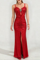 bertha high slit pleated sequin maxi dress in red