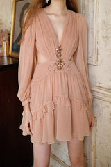 jessica  champagne pink chiffon rhinestone embellished mini dress