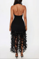 marina ruffle trim halter bodycon mini dress - black