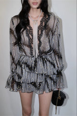 georgia Lace V-neck printed gold leather jacquard mini shirt dress - black