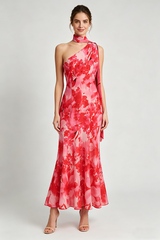 One-Shoulder Floral Mermaid Maxi Dress in Red