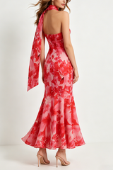 One-Shoulder Floral Mermaid Maxi Dress in Red