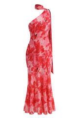 One-Shoulder Floral Mermaid Maxi Dress in Red