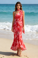 One-Shoulder Floral Mermaid Maxi Dress in Red
