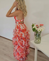 floral print ruffle high slit mini Dress - red