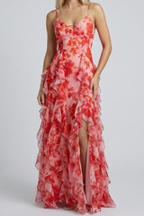 floral print ruffle high slit mini Dress - red