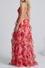 floral print ruffle high slit mini Dress - red
