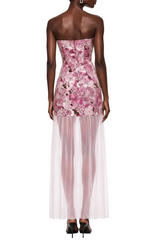 Pansya Floral Embroidery Strapless Maxi Dress - Pink