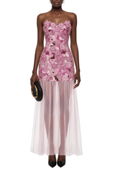 Pansya Floral Embroidery Strapless Maxi Dress - Pink