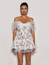 Quaris Off Shoulder Flower Tulle Mini Dress In White