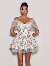 Quaris Off Shoulder Flower Tulle Mini Dress In White