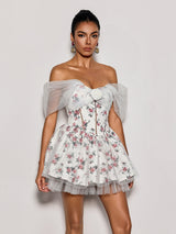 Quaris Off Shoulder Flower Tulle Mini Dress In White
