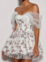 Quaris Off Shoulder Flower Tulle Mini Dress In White