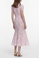 zenobia Pink Guipure Lace hollow Midi Dress